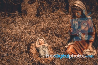 Nativity Scene Christmas Crib Background Stock Photo