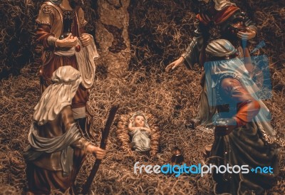 Nativity Scene Christmas Crib Background Stock Photo