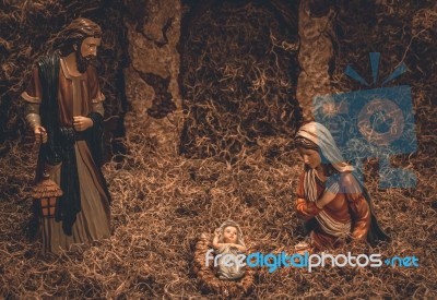 Nativity Scene Christmas Crib Background Stock Photo