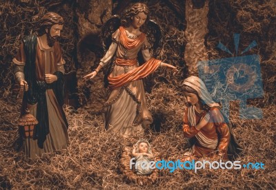 Nativity Scene Christmas Crib Background Stock Photo