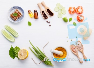 Natural Herbal Skin Care Products. Top View Ingredients Cucumber… Stock Photo