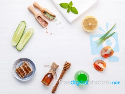 Natural Herbal Skin Care Products. Top View Ingredients Cucumber… Stock Photo