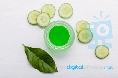 Natural Herbal Skin Care Products. Top View Ingredients Cucumber… Stock Photo