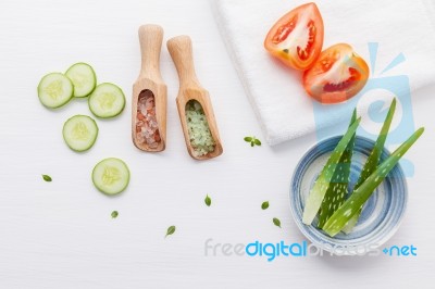 Natural Herbal Skin Care Products. Top View Ingredients Cucumber… Stock Photo