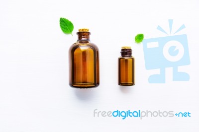 Natural Mint Essential Oil In A Glass Bottle With Fresh Mint Lea… Stock Photo