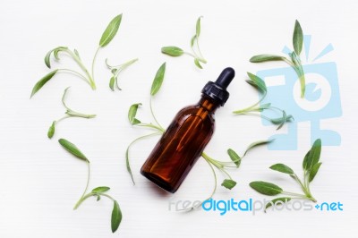 Natural Sage Essential Oil With Sage Leaves On White  Background… Stock Photo