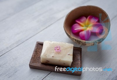 Natural Soap Bar On Wooden Soap Dish Stock Photo