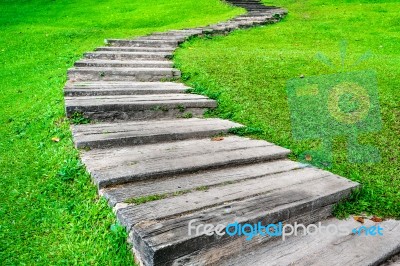 Nature Background With Old Stone Walkway In The Green Grass Stock Photo