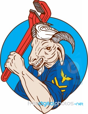 Navy Goat Holding Pipe Wrench Circle Retro Stock Image