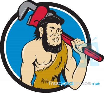 Neanderthal Caveman Plumber Monkey Wrench Circle Cartoon Stock Image