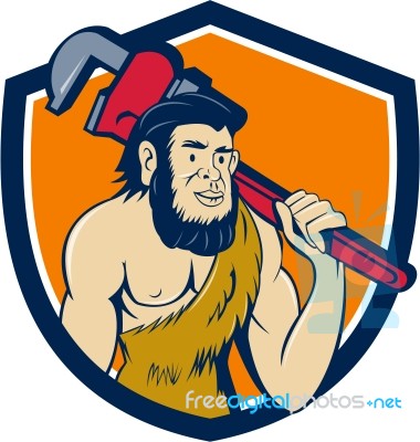 Neanderthal Caveman Plumber Monkey Wrench Shield Cartoon Stock Image