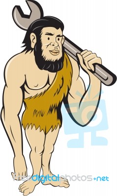 Neanderthal Caveman With Spanner Cartoon Stock Image