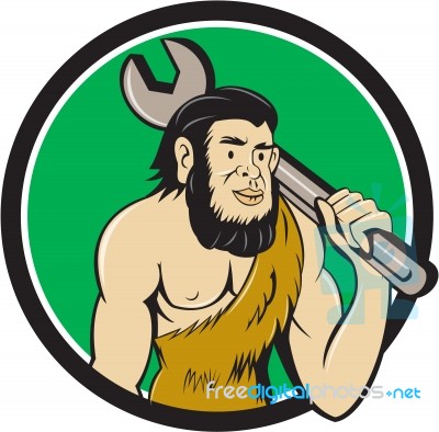 Neanderthal Caveman With Spanner Circle Cartoon Stock Image