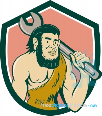 Neanderthal Caveman With Spanner Crest Cartoon Stock Image