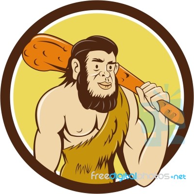 Neanderthal Man Holding Club Circle Cartoon Stock Image