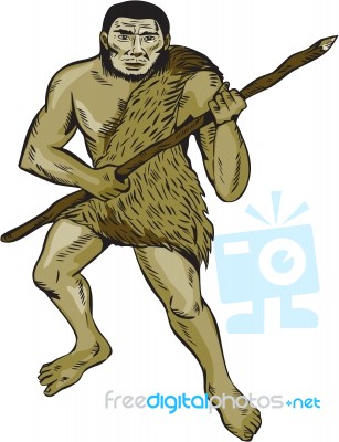 Neanderthal Man Holding Spear Etching Stock Image