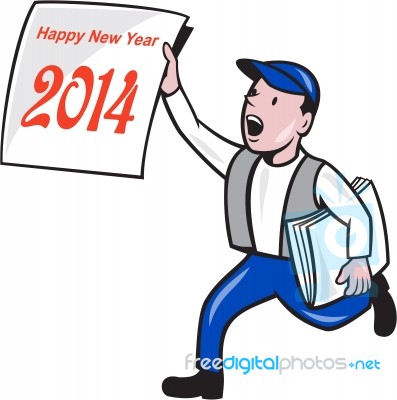 New Year 2014 Newspaper Boy Showing Sign Cartoon Stock Image