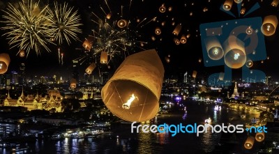 New Year Celebration With Firework And Yeepeend Float Stock Photo