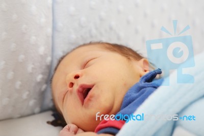 Newborn Yawing.  Focus In The Mouth Stock Photo