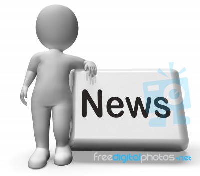 News Button With Character Shows Newsletter Broadcast Online Stock Image