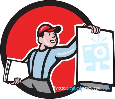 Newsboy Selling Newspaper Circle Cartoon Stock Image