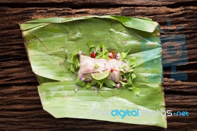 Nham Sour Pork In Banana Leaves Thai Food Stock Photo