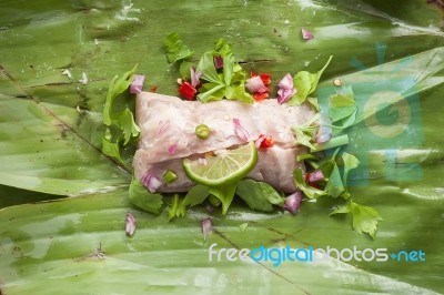 Nham Sour Pork In Banana Leaves Thai Food Stock Photo