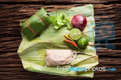 Nham Sour Pork In Banana Leaves Thai Food Stock Photo