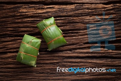 Nham Sour Pork In Banana Leaves Thai Food Stock Photo