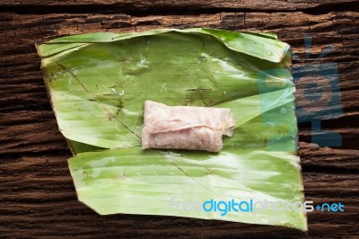 Nham Sour Pork In Banana Leaves Thai Food Stock Photo