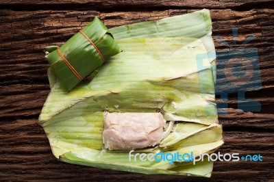 Nham Sour Pork In Banana Leaves Thai Food Stock Photo