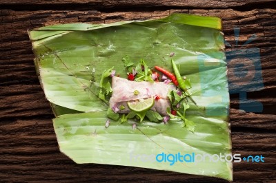 Nham Sour Pork In Banana Leaves Thai Food Stock Photo