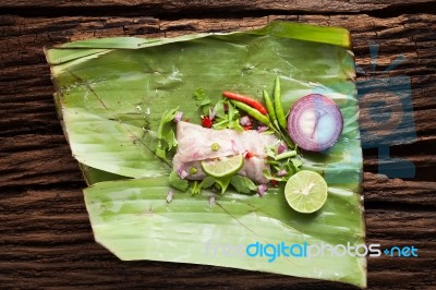 Nham Sour Pork In Banana Leaves Thai Food Stock Photo