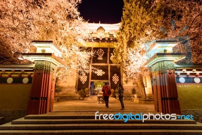 Night Lights Of The Temple In Shangri-la, China Stock Photo