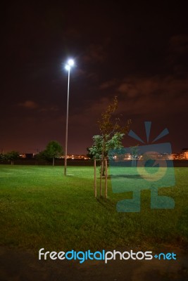 Night Public Park In The City With Houses Near Stock Photo