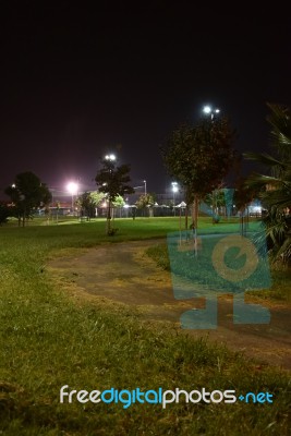 Night Public Park In The City With Houses Near Stock Photo