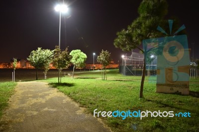 Night Public Park In The City With Houses Near Stock Photo