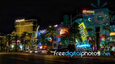 Night Scene Along The Strip In Las Vegas Stock Photo