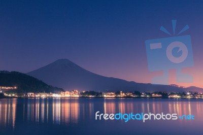 Night Scene Of Mt Fuji And Lake Stock Photo