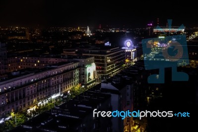 Night-time View Over The Skyline In Warsaw Stock Photo