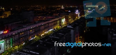 Night-time View Over The Skyline In Warsaw Stock Photo