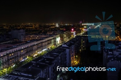 Night-time View Over The Skyline In Warsaw Stock Photo