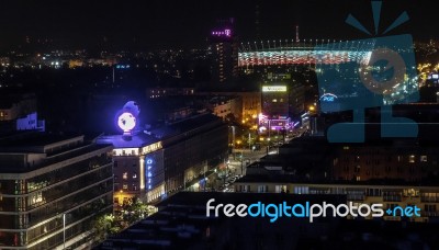 Night-time View Over The Skyline In Warsaw Stock Photo