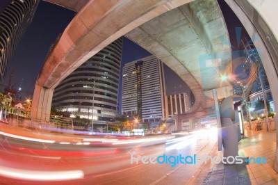 Night Traffic Light In Thailand Stock Photo