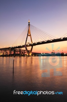 Night View Of Bhumibol Bridge In Thailand Stock Photo