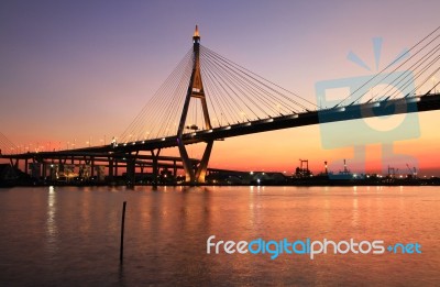 Night View Of Bhumibol Bridge In Thailand Stock Photo