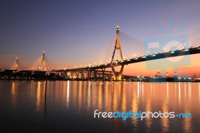 Night View Of Bhumibol Bridge In Thailand Stock Photo