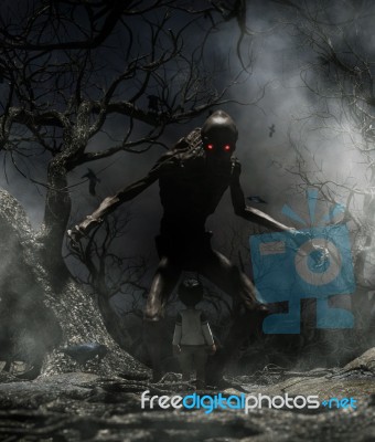 Nightmare With Bogeyman,boy Enter To The Haunted Forest In His Dream Stock Image