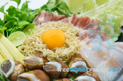 Noodle And Egg With Ingredient In Pot For Hot Sukiyaki Food Stock Photo