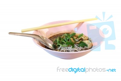 Noodle Soup With Pork On White Background Stock Photo